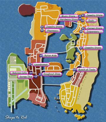 Mapa de lojas para roubar do do GTA Vice City