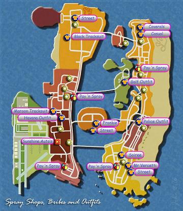 Mapa de roupas, estrelas e spray do do GTA Vice City